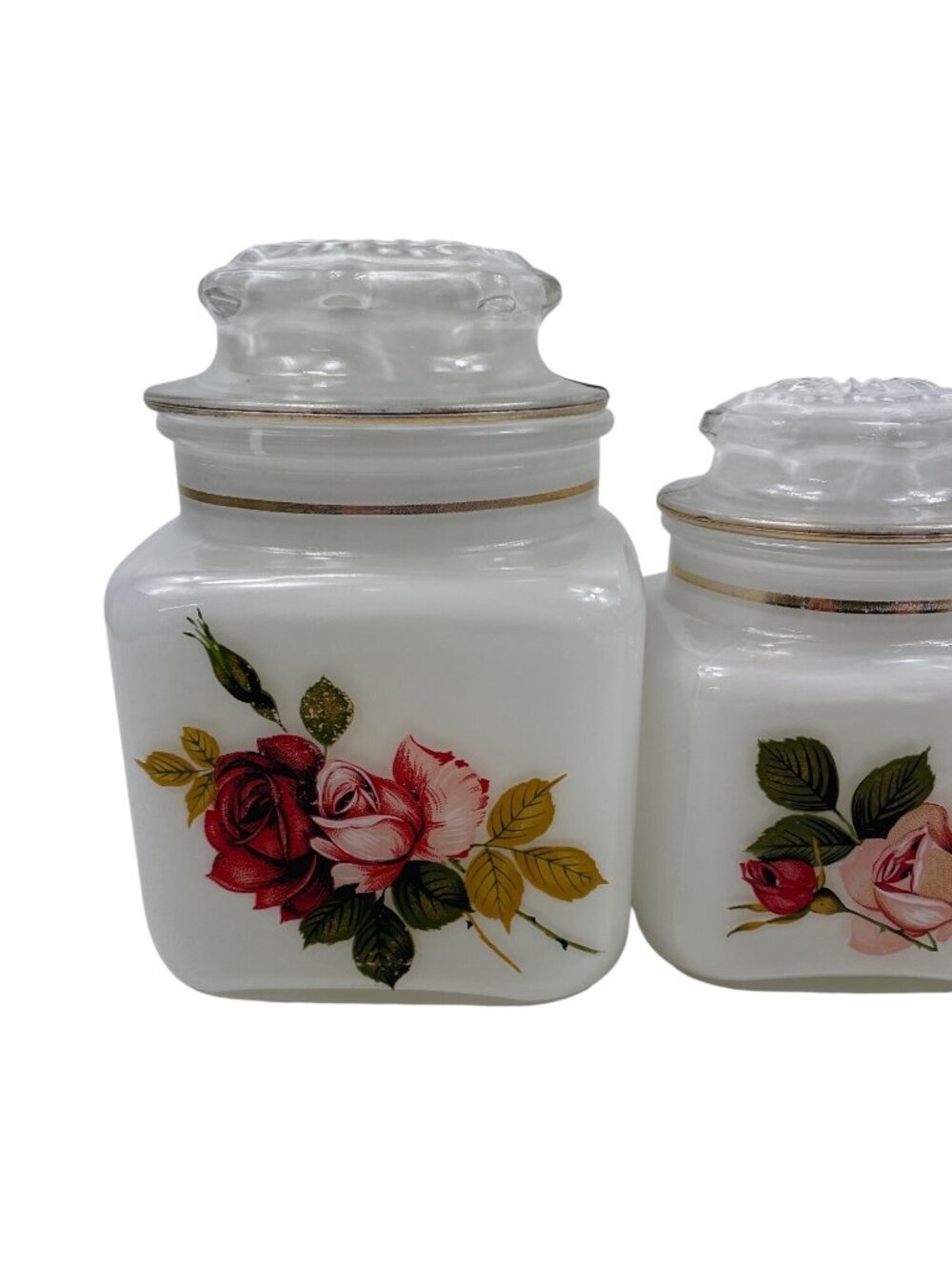White Frosted Glass Jars With Gold Trim And Floral Rose Design Set Of 3 With Lid - Picture 2 of 15